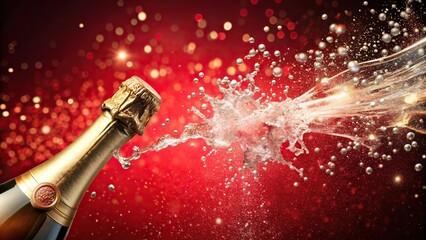 Close-up champagne bottle popping with festive background