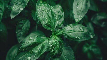 Canvas Print - Fresh Green Leaves with Water Droplets Detail