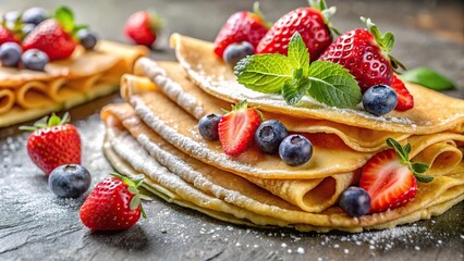 Close-Up French homemade pancake crepes with berries Summer breakfast