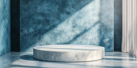 Wall Mural - 3d room with gradient blue wall and empty floor: marble or concrete textured stand for product displ