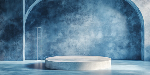 Wall Mural - 3d room with gradient blue wall and empty floor: marble or concrete textured stand for product displ