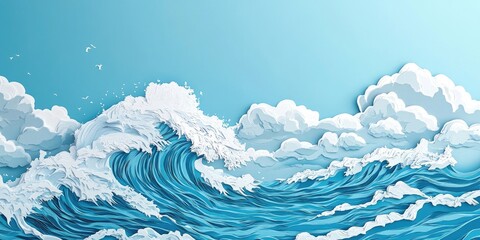 Ocean wave under a blue sky with clouds in a serene natural setting, Ocean wave and blue sky with clouds in a tranquil landscape