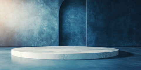 Wall Mural - 3d room with gradient blue wall and empty floor: marble or concrete textured stand for product displ