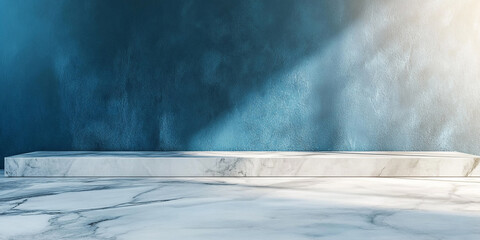 Wall Mural - 3d room with gradient blue wall and empty floor: marble or concrete textured stand for product displ