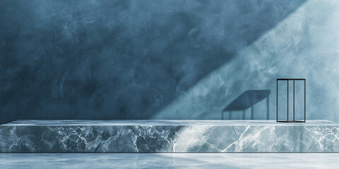 Wall Mural - 3d room with gradient blue wall and empty floor: marble or concrete textured stand for product displ