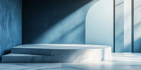 Wall Mural - 3d room with gradient blue wall and empty floor: marble or concrete textured stand for product displ