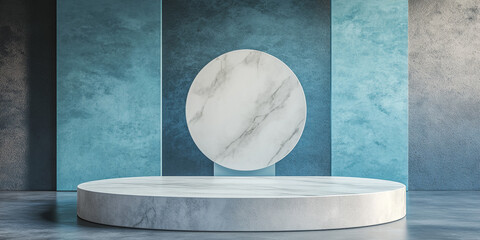 Wall Mural - 3d room with gradient blue wall and empty floor: marble or concrete textured stand for product displ