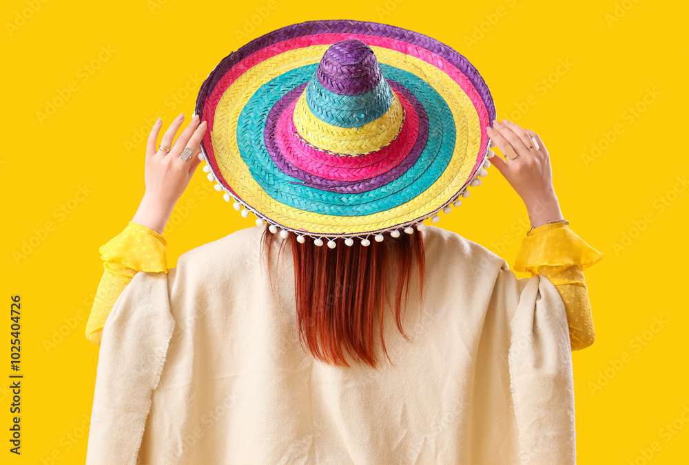 Young woman in sombrero hat on yellow background, back view. Mexico's Day of the Dead (El Dia de Muertos) celebration