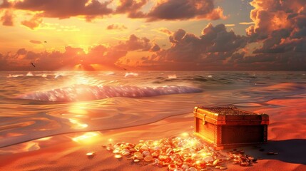 Poster - Treasure Chest on Beach at Sunset Glow