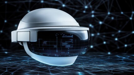 Poster - Futuristic White Helmet with Digital Interface on Abstract Network Background