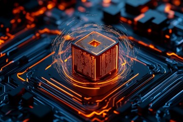 Aufkleber - Hackerâ€™s attack is visualized in a 3D-rendered digital space, where a glowing cube represents a data server under siege, surrounded by swirling lines of code