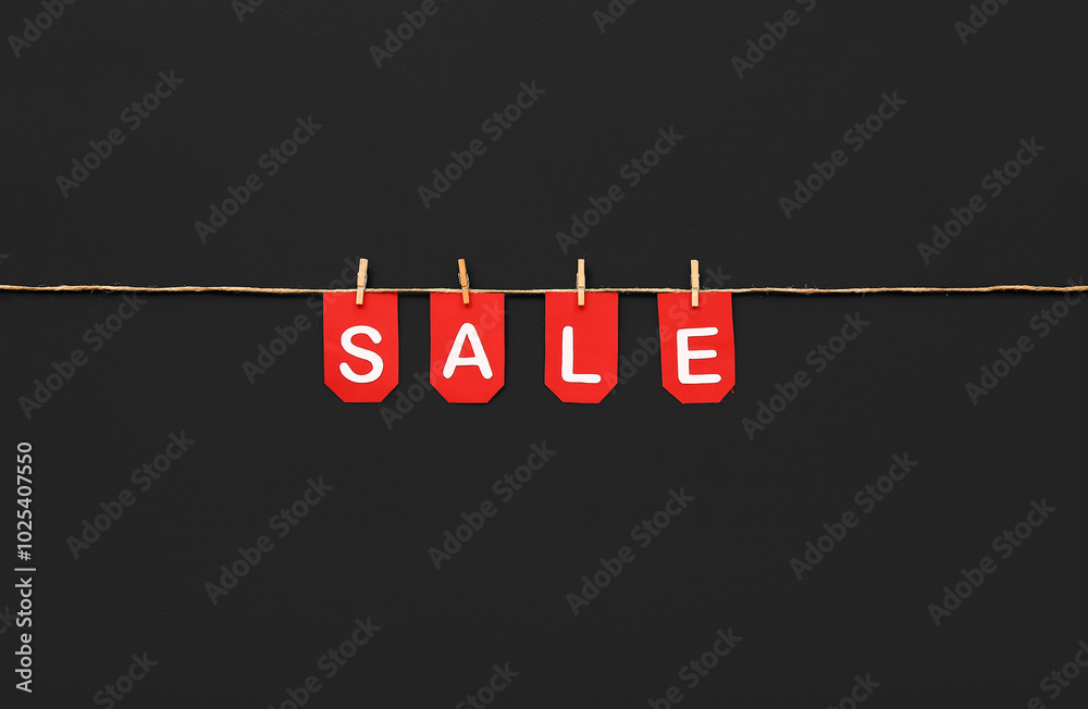 Rope, clothespins and flags with word SALE on black background