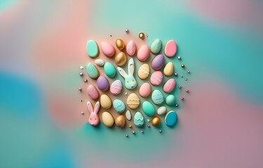 pastel colored easter eggs and bunnies on a gradient background.