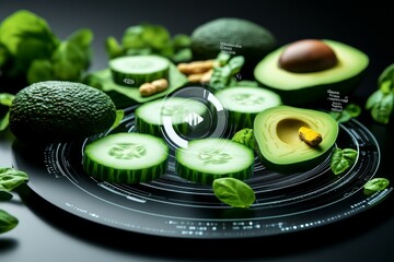 Poster - Holographic detox guide, where users interact with a digital display to create personalized detox diets using fresh ingredients like cucumber, avocado, and turmeric in a futuristic kitchen