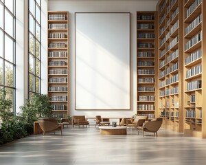 Modern public library interior with minimalist design, blank white wall template for art display, wooden bookshelves, and sleek furniture, 3D rendering