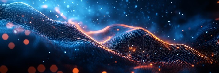 Poster - Abstract background with dark blue waves and glowing hexagons forming an interconnected network of lines