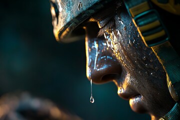 Poster - Hyper-realistic close-up of a tear falling from a soldierâ€™s face as they salute a fallen comrade, with every detail of the tear, uniform, and emotion captured vividly