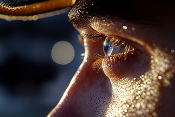 Poster - Hyper-realistic close-up of a tear falling from a soldierâ€™s face as they salute a fallen comrade, with every detail of the tear, uniform, and emotion captured vividly