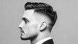 © Marketplace - Profile portrait of a stylish man with a modern haircut, wearing a suit, captured in black and white against a neutral background.