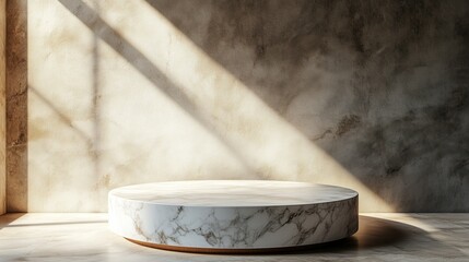 Poster - A round marble podium sits in front of a wall, bathed in the soft light from above