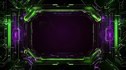 Poster - Abstract futuristic neon frame with glowing green and purple lines on dark background.