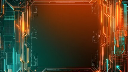 Poster - Abstract futuristic technology background with glowing orange and blue lines and circuits on dark green background.