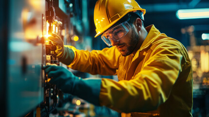 electrical engineer wearing protective gear works diligently on control panel, ensuring safety and precision in modern industrial environment