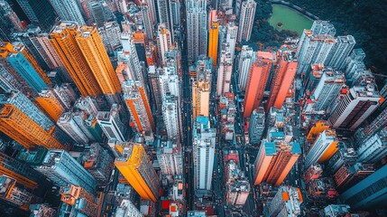 aerial view of colorful urban skyscrapers.