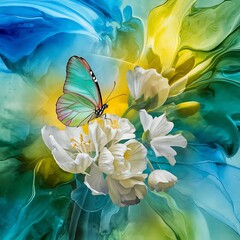 Butterfly and abstract watercolor, mixed media art background