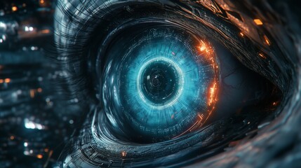 Poster - A massive eye with cybernetic structures around it, glowing blue in the center of its iris