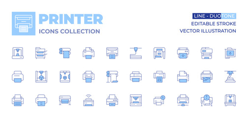 Printer icons collection. Line Duotone style, editable stroke. plotter, printing, printcylinder, printer, multifunctionprinter, printercartridges