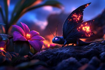 Poster - Magical sunrise, where enchanted creatures and glowing flowers awaken with the first light of day, blending the natural beauty of dawn with a touch of fantasy
