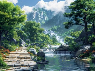 Serene Waterfall in a Lush Forest Landscape