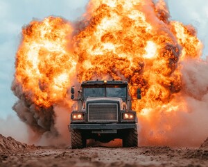 A powerful military truck charges through a massive explosion, showcasing strength and intensity amidst fiery flames and smoke.