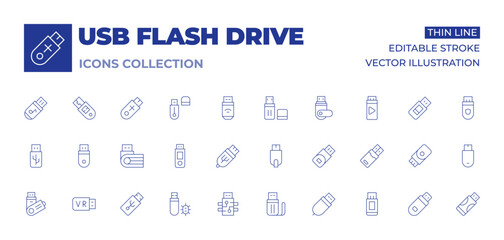 Usb flash drive icons collection. Thin Line icons, editable stroke. external hard drive, USB hub, USB storage expansion, USB stick virus, USB file system