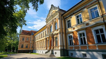 A majestic and historic building showcasing timeless architecture, with intricate detailing, aged stone, and grand design. This structure reflects the rich history and cultural heritage of its era,