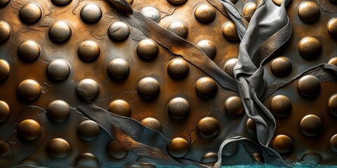 Canvas Print - Closeup of a textured metal surface with rivets and fabric.