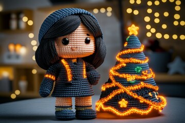 Digital crochet doll rendered as a 3D model, with glowing yarn textures and interactive features, set in a virtual reality crafting space