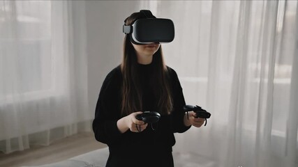 woman in VR glasses headset technology, wearing virtual reality headset, software engineering, Software testing, 3D virtual reality, immersed in a virtual reality experience