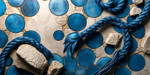 Wall Mural - Blue rope on a textured tile background with stones.