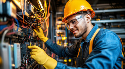 electrical engineer wearing protective gear works on control panel, showcasing expertise and focus in technical environment. bright yellow helmet and gloves highlight safety in workplace