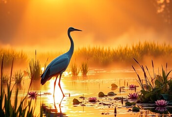 there is a bird standing in the water with a sunset in the background.