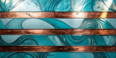 Abstract blue and copper stained glass with a wave pattern.