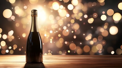 Golden celebration await, a single champagne bottle poised on rustic wooden table, embodying anticipation and festive cheer