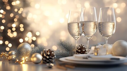 Two champagne flutes sparkle amidst festive christmas decorations, celebrating the holiday season