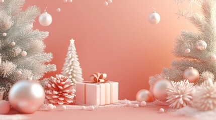 Wall Mural - stylish christmas composition, pink background with silver and white ornaments for a modern festive 