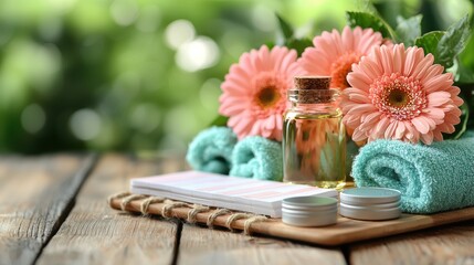 A relaxing spa scene with pink flowers, rolled towels, essential oil, and spa products placed on a wooden table, perfect for wellness and beauty themes