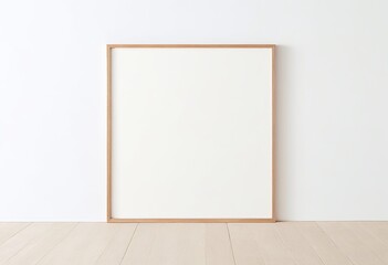 Wooden Frame Mockup on White Wall in Minimalist Interior Displaying Empty Space for Text or Product. Made with Generative AI Technology