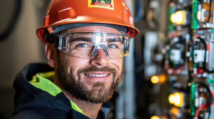 smiling electrical engineer wearing protective gear, including hard hat and safety glasses, stands confidently in front of electrical equipment. His expression reflects pride in his work