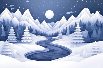 Poster - Winter landscape featuring a river flowing through a valley surrounded by snow-covered trees and mountains, Winter landscape with river in snow-covered valley and mountains